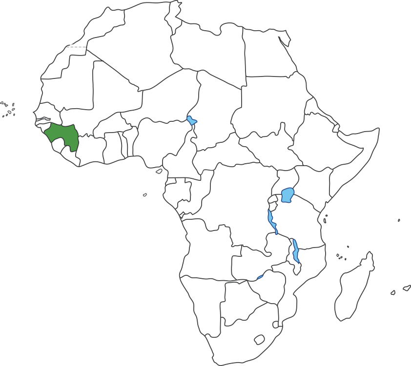 아프리카 대륙 지도에 기니 영역 표시된 지도