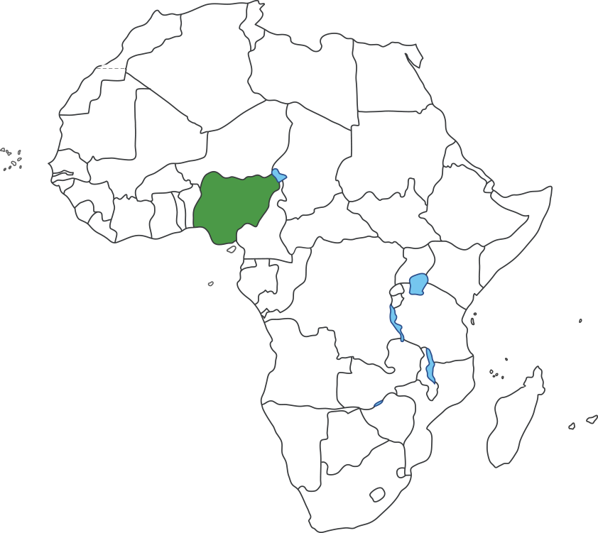 아프리카 대륙 지도에 나이지리아 영역 표시된 지도
