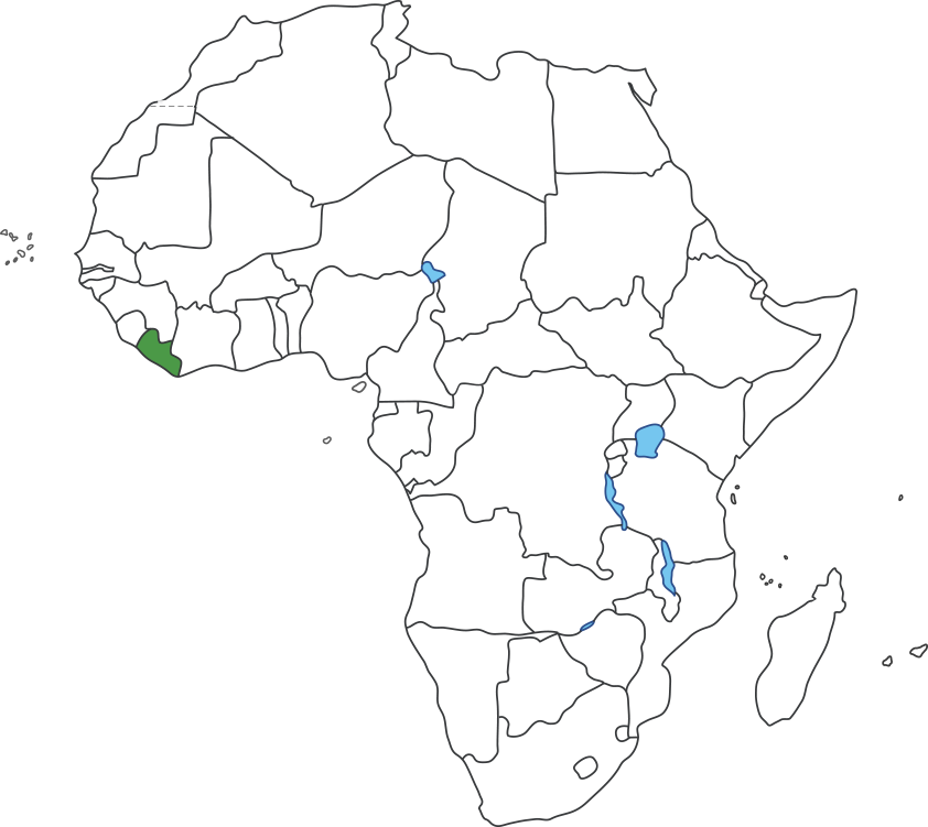 아프리카 대륙 지도에 라이베리아 영역 표시된 지도