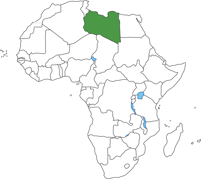 아프리카 대륙 지도에 리비아 영역 표시된 지도