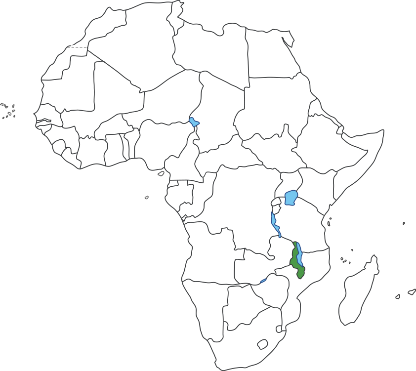 아프리카 대륙 지도에 말라위 영역 표시된 지도