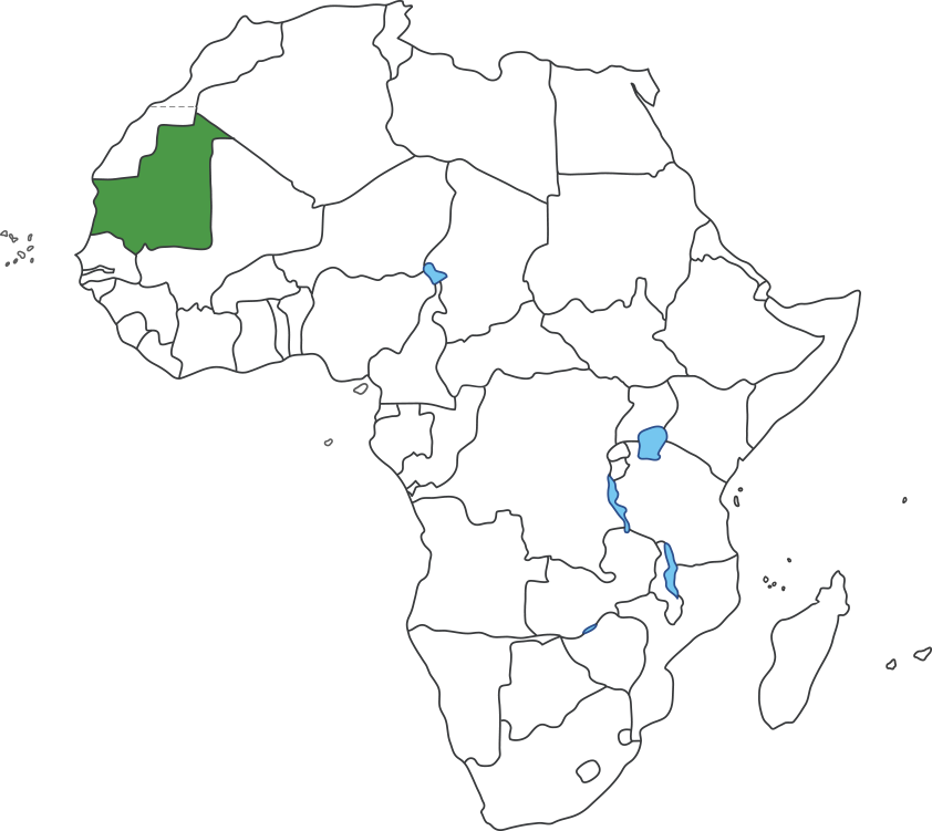 아프리카 대륙 지도에 모리타니아 영역 표시된 지도