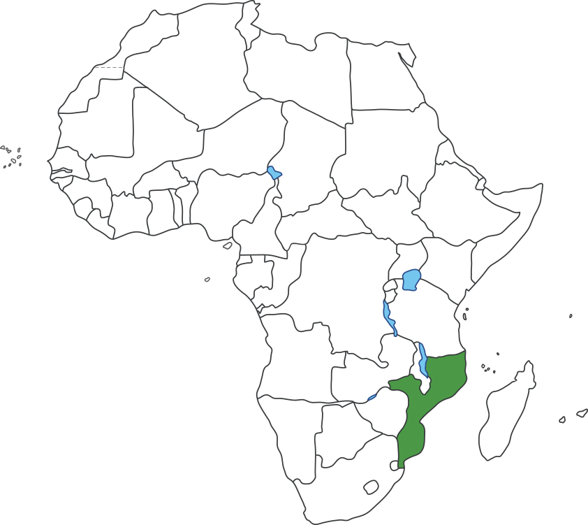아프리카 대륙 지도에 모잠비크 영역 표시된 지도