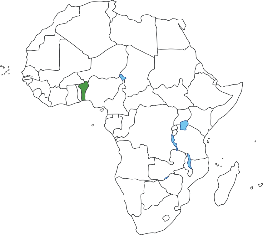 아프리카 대륙 지도에 베냉 영역 표시된 지도