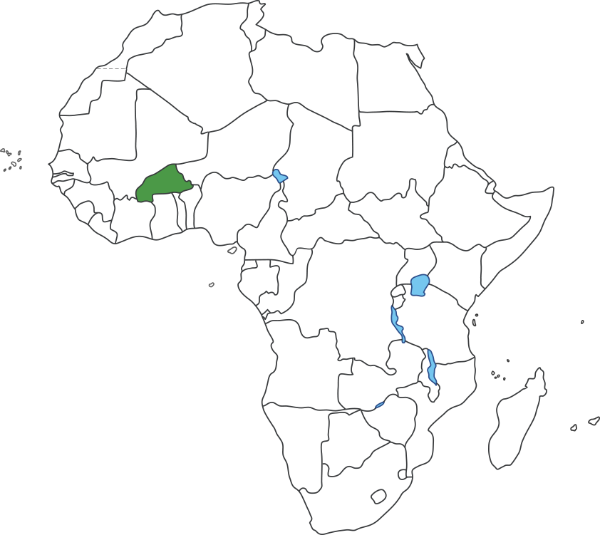 아프리카 대륙 지도에 부르키나파소 영역 표시된 지도