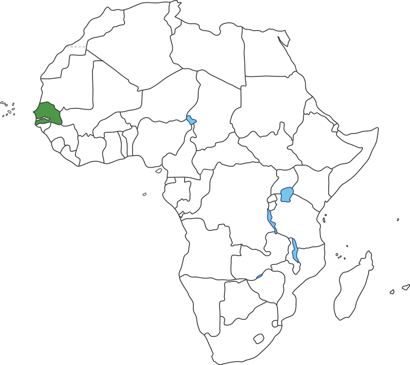 아프리카 대륙 지도에 세네갈 영역 표시된 지도