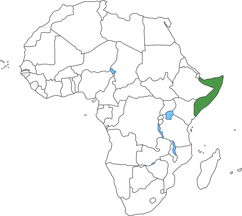 아프리카 대륙 지도에 소말리아 영역 표시된 지도