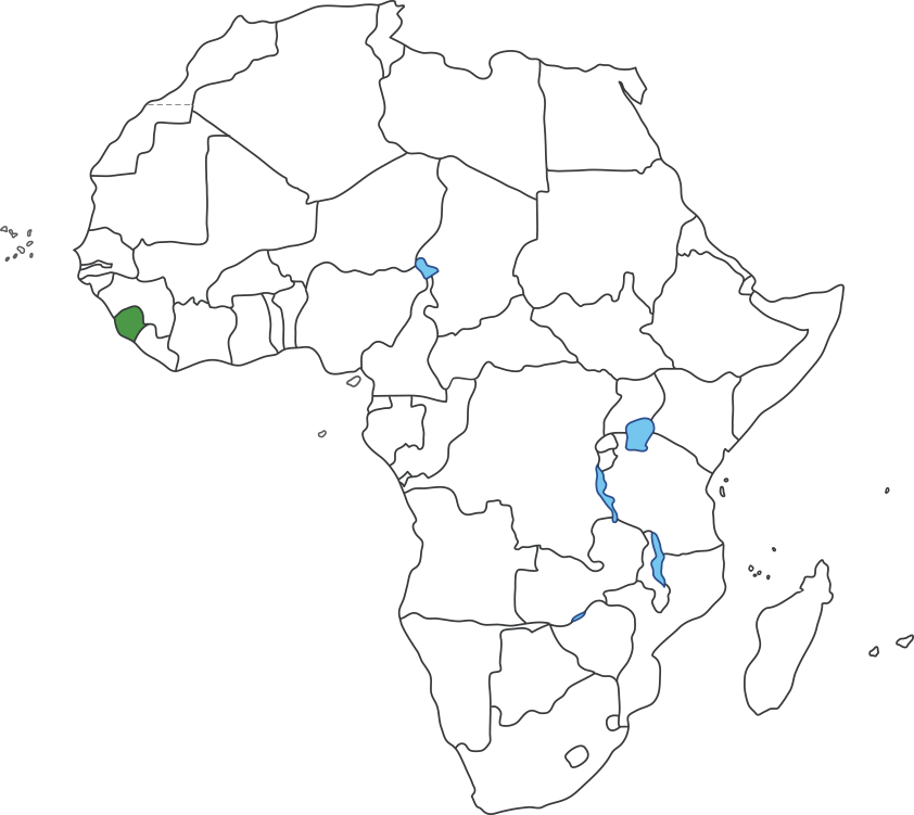 아프리카 대륙 지도에 시에라리온 영역 표시된 지도