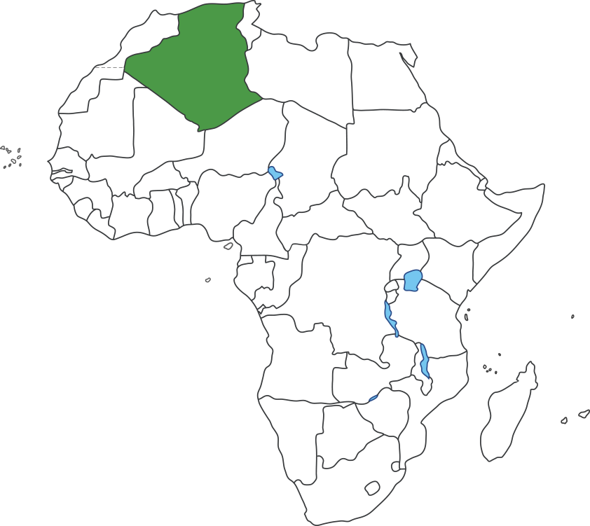 아프리카 대륙 지도에 알제리 영역 표시된 지도