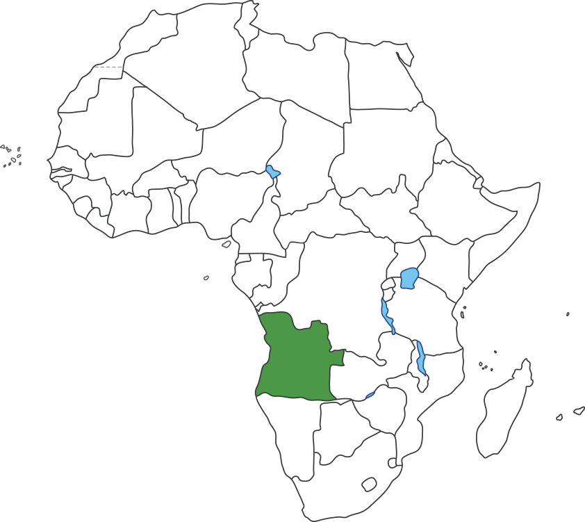 아프리카 대륙 지도에 앙골라 영역 표시된 지도