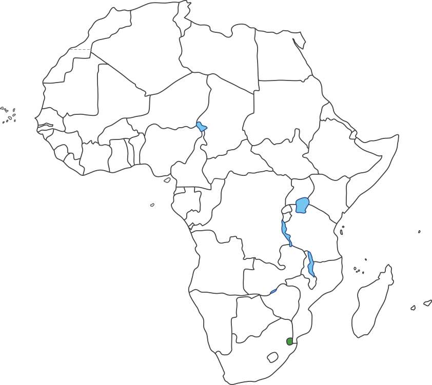 아프리카 대륙 지도에 에스와티니 영역 표시된 지도