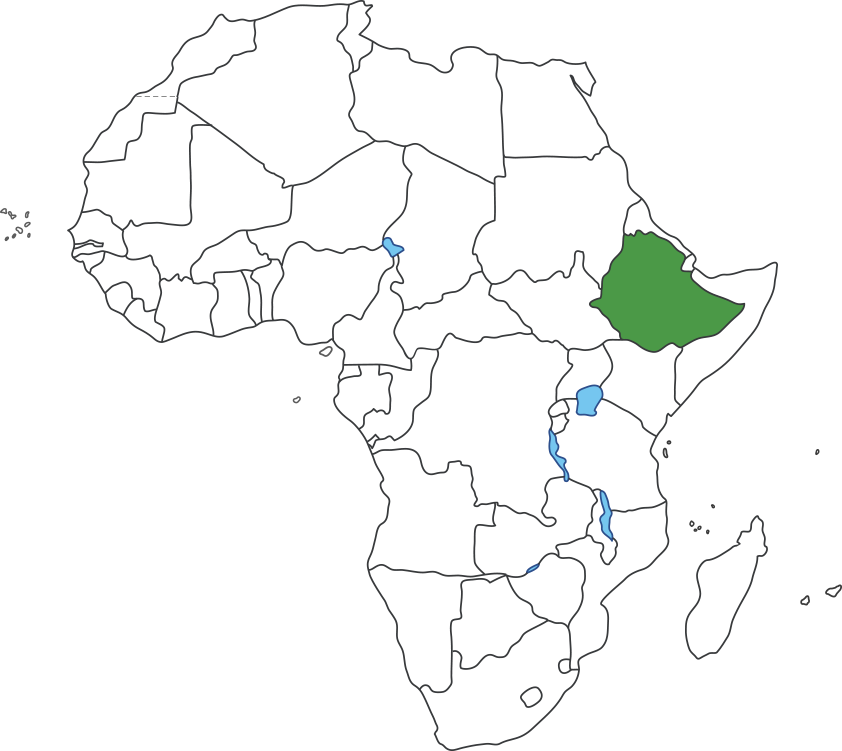 아프리카 대륙 지도에 에티오피아 영역 표시된 지도
