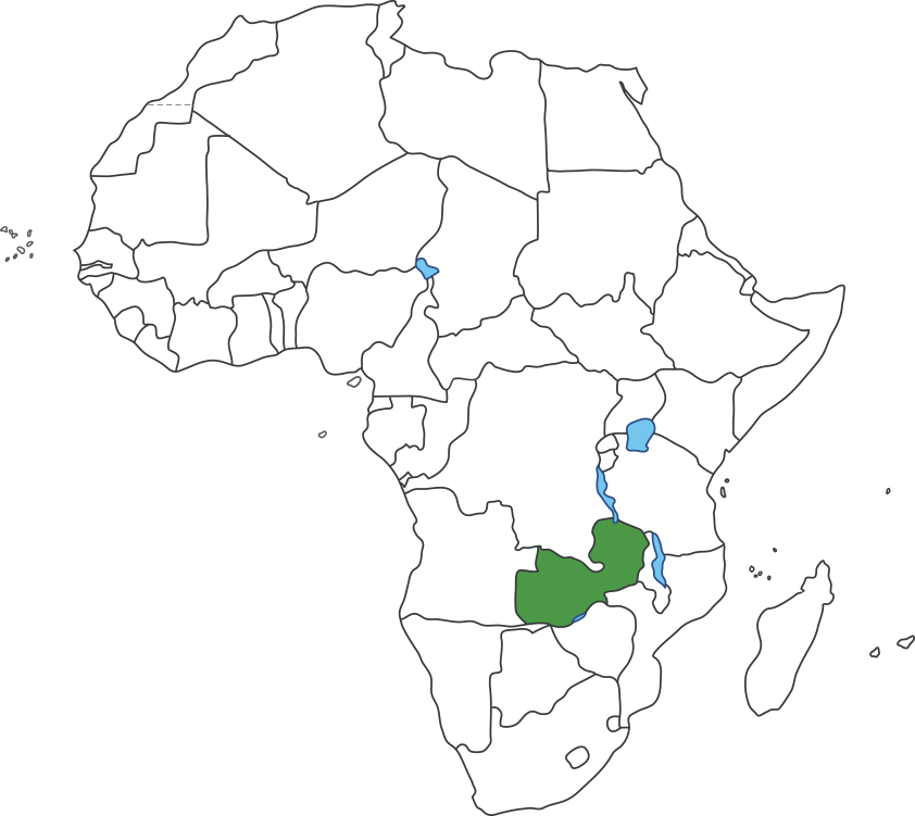 아프리카 대륙 지도에 잠비아 영역 표시된 지도