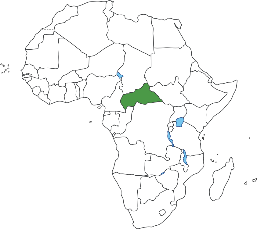 아프리카 대륙 지도에 중앙아프리카공화국 영역 표시된 지도