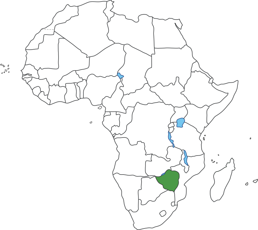 아프리카 대륙 지도에 짐바브웨 영역 표시된 지도