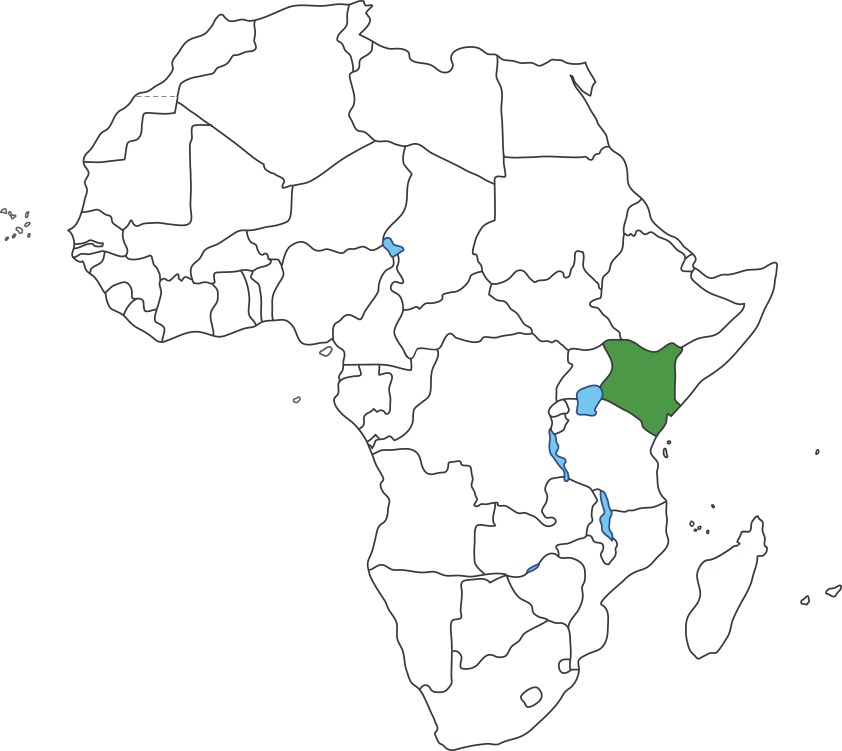 아프리카 대륙 지도에 케냐 영역 표시된 지도