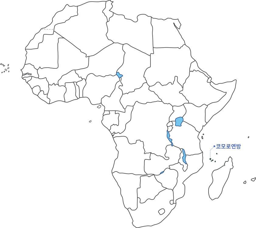 아프리카 대륙 지도에 코모로 영역 표시된 지도