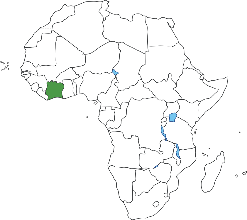 아프리카 대륙 지도에 코트디부아르 영역 표시된 지도