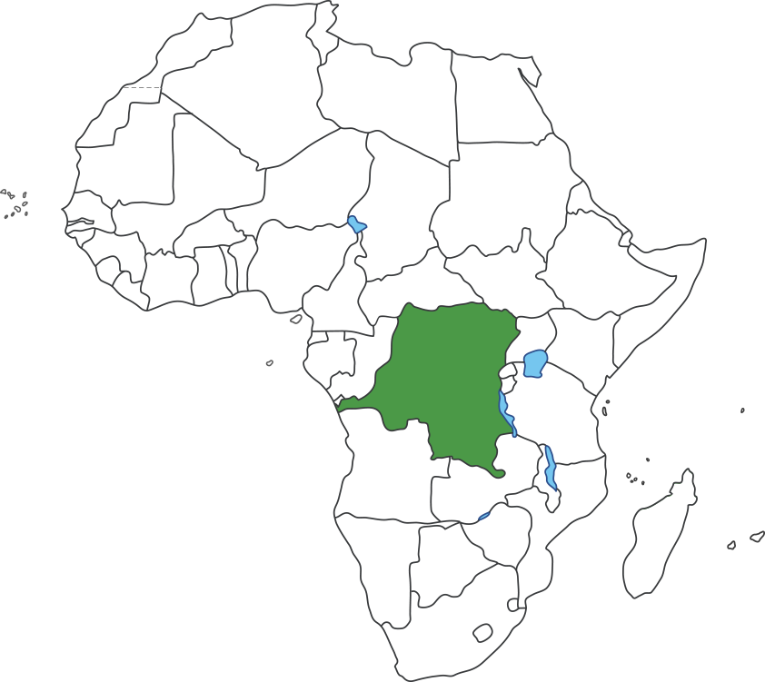 아프리카 대륙 지도에 콩고민주공화국 영역 표시된 지도