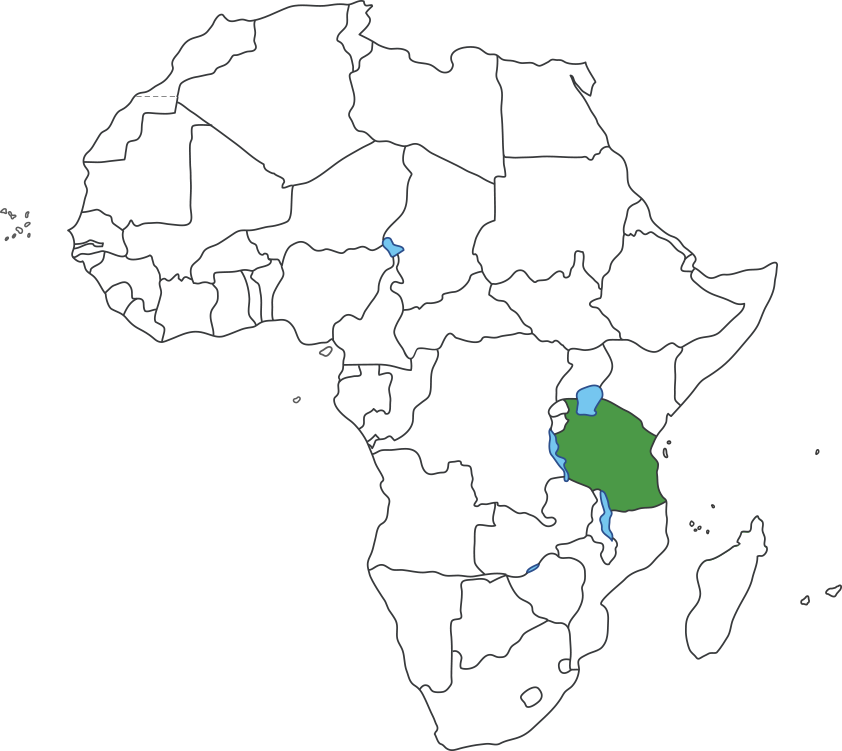 아프리카 대륙 지도에 탄자니아 영역 표시된 지도