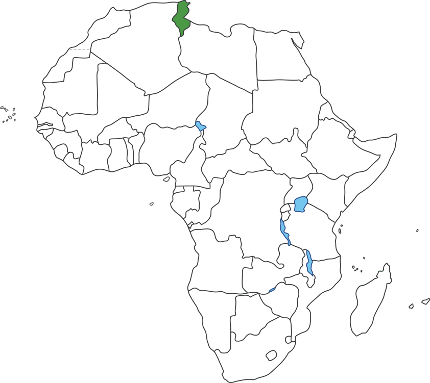 아프리카 대륙 지도에 튀니지 영역 표시된 지도